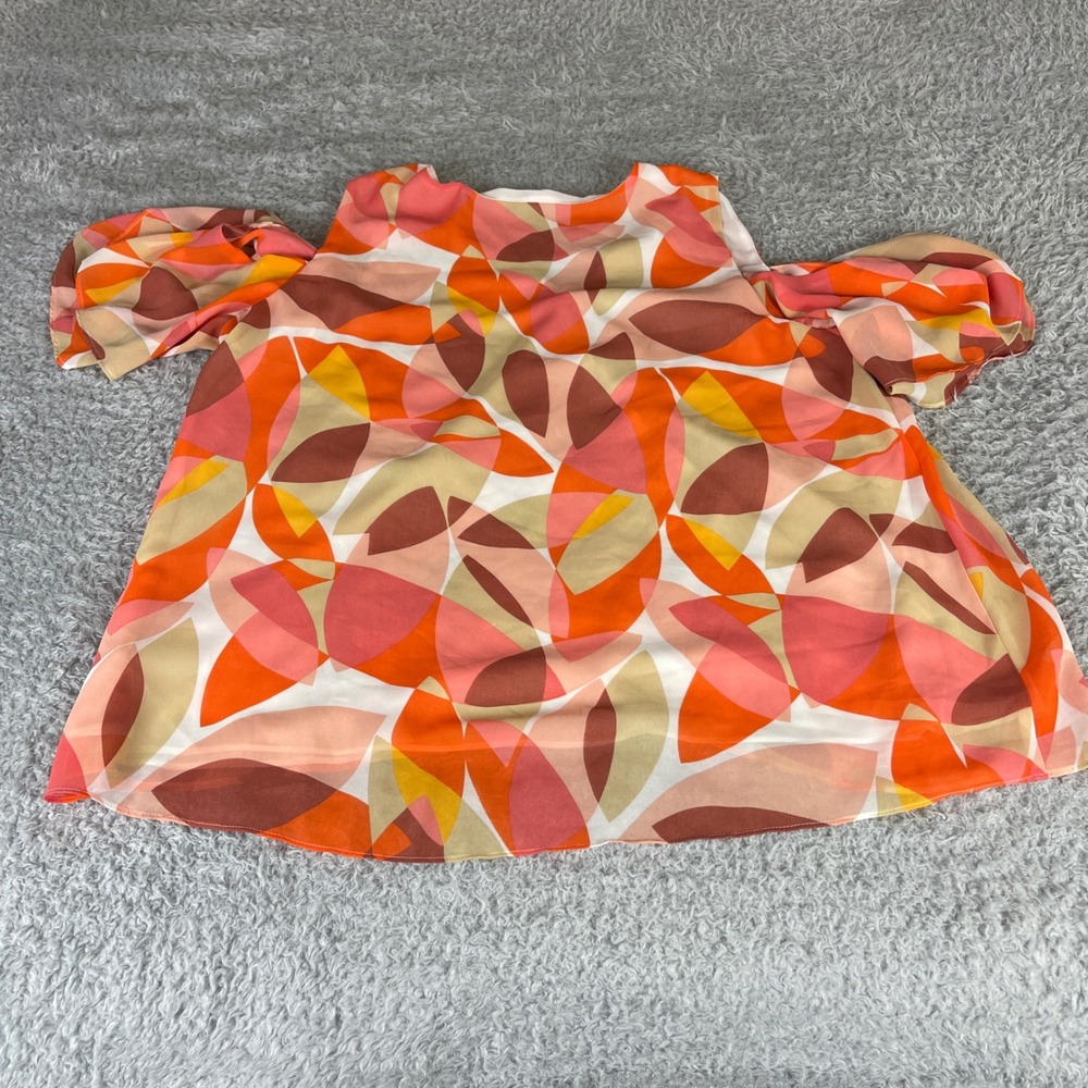 Cato Cold Shoulder Blouse Orange Pink Geometric Leaf Print V-Neck Top Womens L - Picture 7 of 8